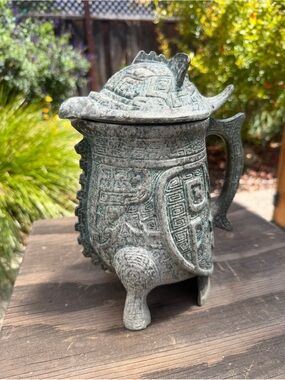 Vintage James Mont style Taotie Verdigris Design Barware Pitcher Faux Bronze